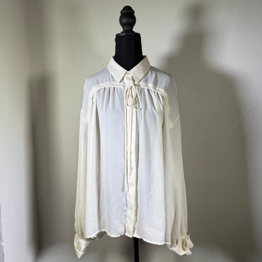 Express Top Womens Large White Tie Front Collar Flowy‎ Milkmaid Peasant Blouse